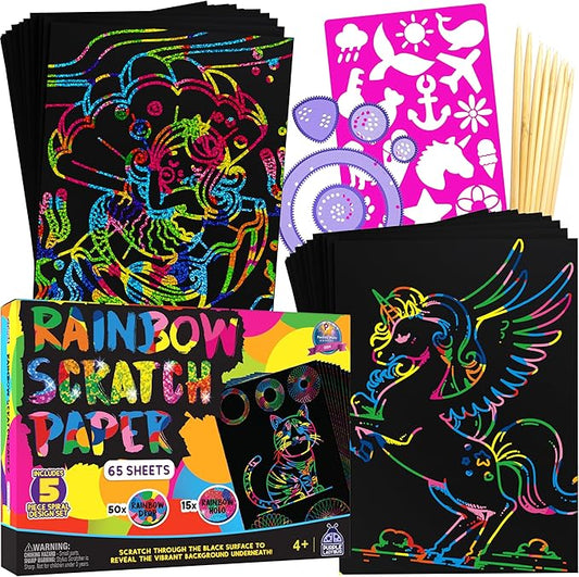 PURPLE LADYBUG Rainbow Scratch Art Paper, 79 PCS Creative Drawing Paper & Stencils - Arts and Crafts for Ages 4-12, Kids Craft Activity Set for Halloween, Christmas Gift, Birthday Party Games
