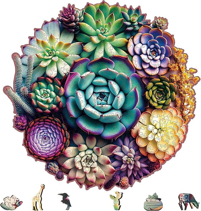 delobi Mandala Succulent Wooden Puzzles, 500 Pieces Jigsaw Puzzles 11.3'' x10.9'', Unique Design Liberty Wooden Puzzles for Adults and Kids, Family Game Gift Medium Size