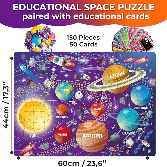 QUOKKA Puzzles for Kids Ages 8-10 - 150 Pcs Jigsaw Puzzles for 6-8 Year Olds - 400+ Facts on 50 Double-Sided Flashcards - Learn Space Education Activity Gift - Shaped Puzzle for Toddlers 4-6