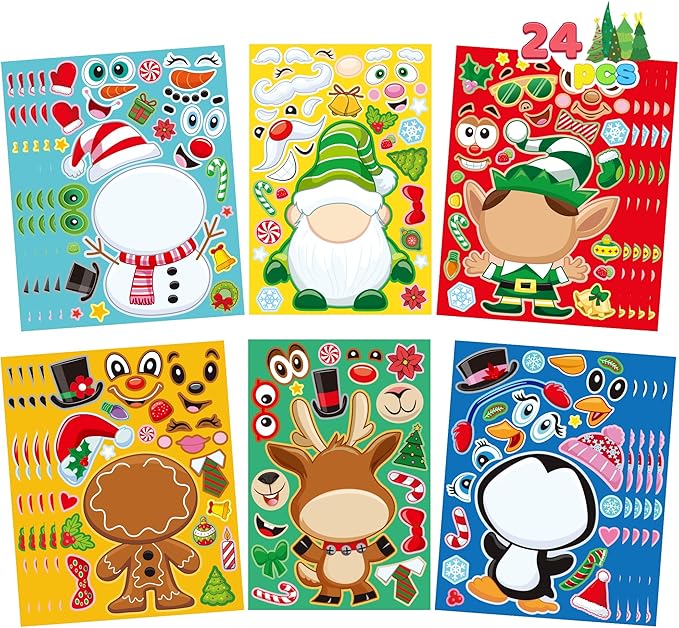 JOYIN 24 Pcs Christmas Make-a-face Stickers, Make Your Own Characters Mix and Match Sticker Sheets with Santa Claus, Snowman, Reindeer, Elf for Kids Party Favors, Holiday Presents, Class Activities