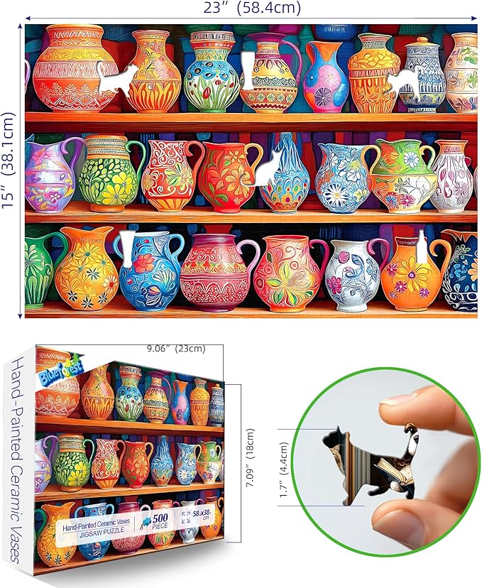 Blueforest 500 Piece Jigsaw Puzzle for Adults - Unique Shape Pieces | Colorful Vase Shelf Art | 23x15 Inches Challenging Fun Puzzle