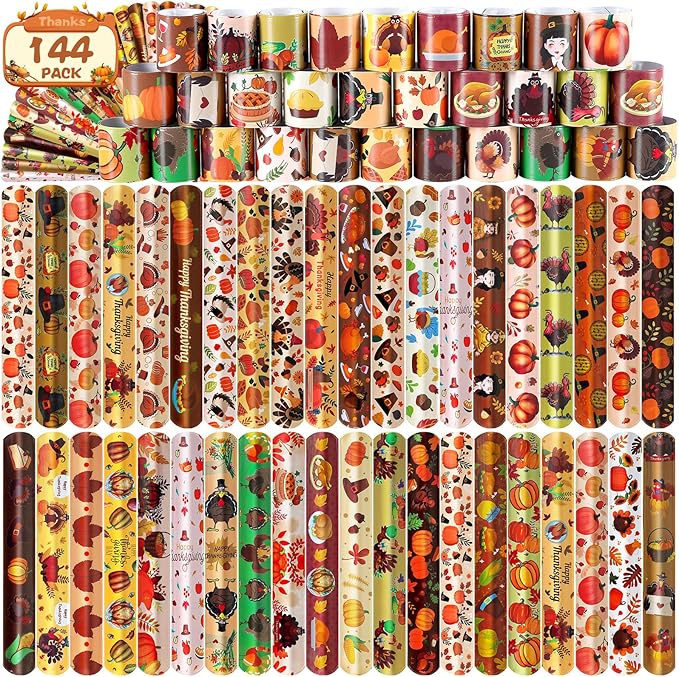 LUYI 144 Pcs Thanksgiving Slap Bracelets，Thanksgiving Party Favors Supplies -36 Different Designs Bracelets Bulk for Thanksgiving Decorations Treat Toys Bag Stuffers Gift