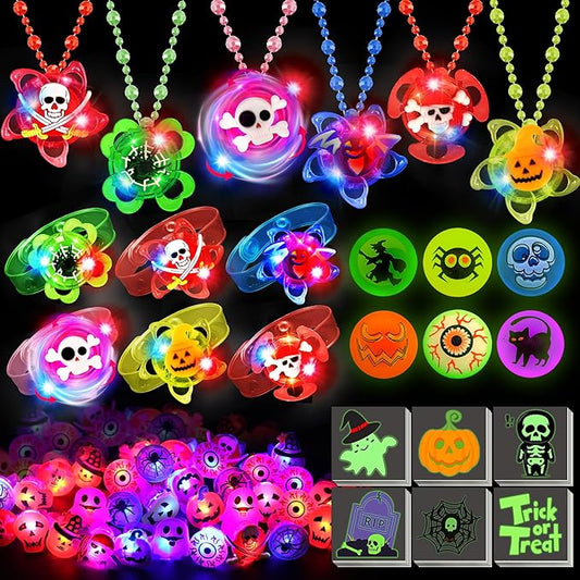 78 PCS Halloween Party Favors for Kids, Halloween Glow in The Dark Toys Bulk Light Up Rotating Necklaces Bracelet LED Rings Halloween Treats for Classroom Prizes Goodie Bag Fillers Trick or Treat Toy