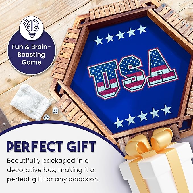 Sam & Evie Shut The Box Wooden Game for 1–6 Players – 1 to 6 Player Versions with 16 Dice – Classic Close The Box Tabletop Game for Adults, Kids, Family Entertainment, Classroom or Party Use