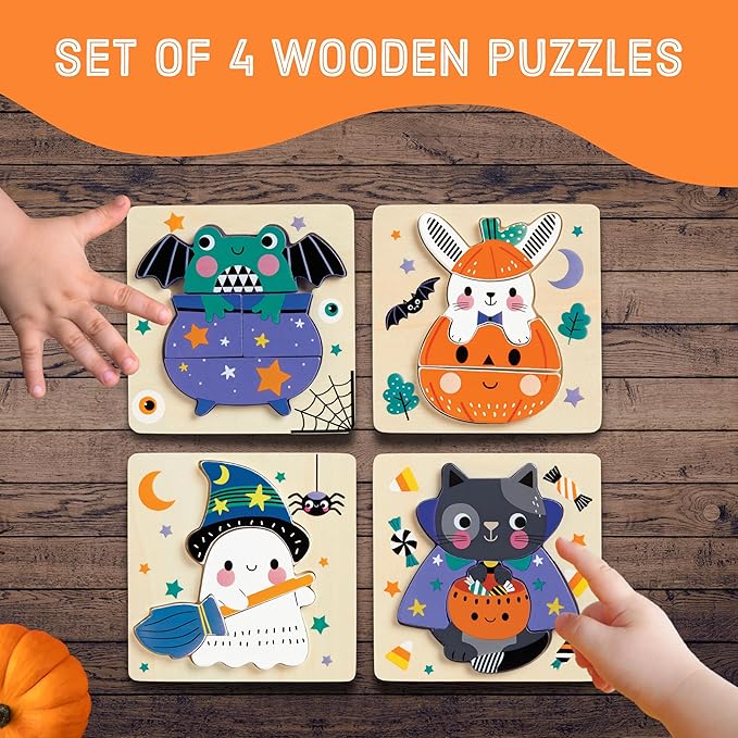 Mudpuppy Spooky Friends – Set of 4 Wooden 4 Piece Puzzles Featuring A Colorful Halloween Scene with Adorable Characters Perfect for Toddlers, Montessori Toys for 1-3+, FSC Certified