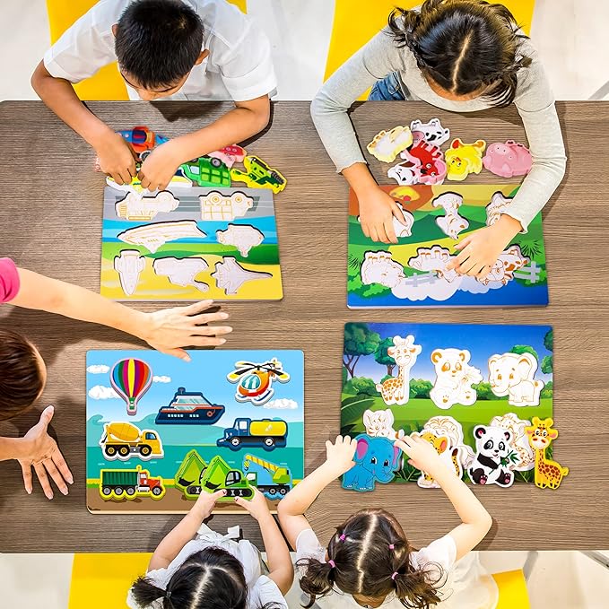 Wooden Peg Puzzle for Toddlers 1-3 Year Old,Funsland Puzzles Gifts Colorful Toys Cartoon Gifts,Farm Zoo Animals Vehicle Arsenal Puzzles (Pack of 4)