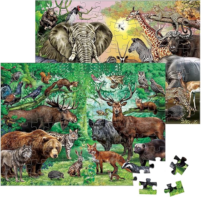 BenBen Puzzles for Kids Ages 4-6, Double Sided 100 Piece Puzzles for Kids, 2 in 1 Puzzle, Wild Animals, Learning Educational Jigsaw Puzzles Toys for Boys Girls (15.75” x 11.75”)