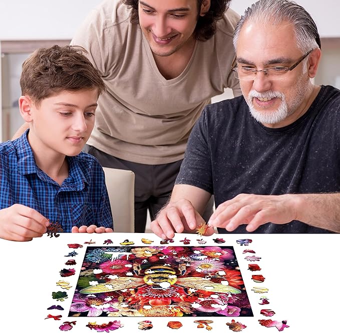 Wooden Jigsaw Puzzle for Adults and Kids Unique Shape Wood Colorful Beautiful Box Fun Challenge Brain Health Family Game Creative Gift for Friends Rompecabezas Madera(Bee 500pcs)