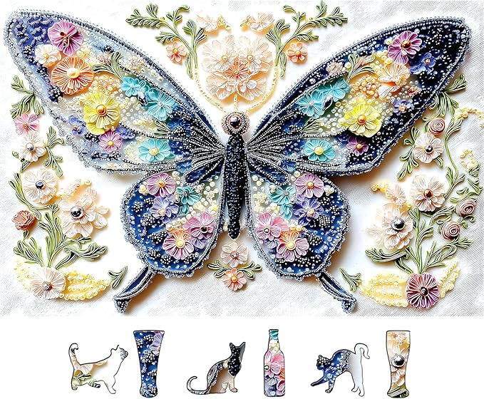 Beaded Butterfly 500 Piece Jigsaw Puzzle for Adults Colorful Beaded Floral Design Family Challenging Puzzle with Letters on Back Ideal for Seniors Home Decor Art (23"X15")