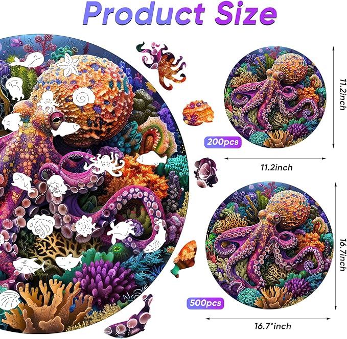 Ruikiyart Wooden Puzzles for Adults, 5MM 200 Pieces Octopus Wooden Jigsaw Puzzles, Sea Animal Puzzle Unique Shaped for Adults and Kids on Thanksgiving, Christmas Family Puzzle Games (11.2'' x 11.2'')