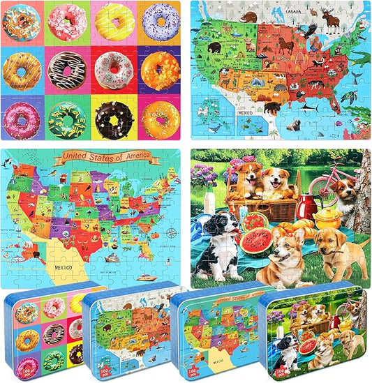 LELEMON Puzzles for Kids Ages 4-6,4-Pack 100 Piece Puzzles for Kids Ages 4-8 in a Metal Box,Donut National Parks Map USA Map Dogs Educational Jigsaw Puzzles Puzzle Games Puzzle Toys for Girls and Boys