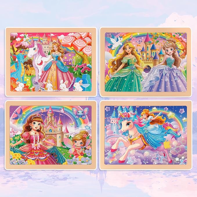 24PCS Wooden Puzzles for Kids Ages 4-6, 4 in 1 Box, Preschool Educational Toys Birthday Gifts Puzzles for 3 4 5 6 7 8 Year Old Boy Girls, Princess