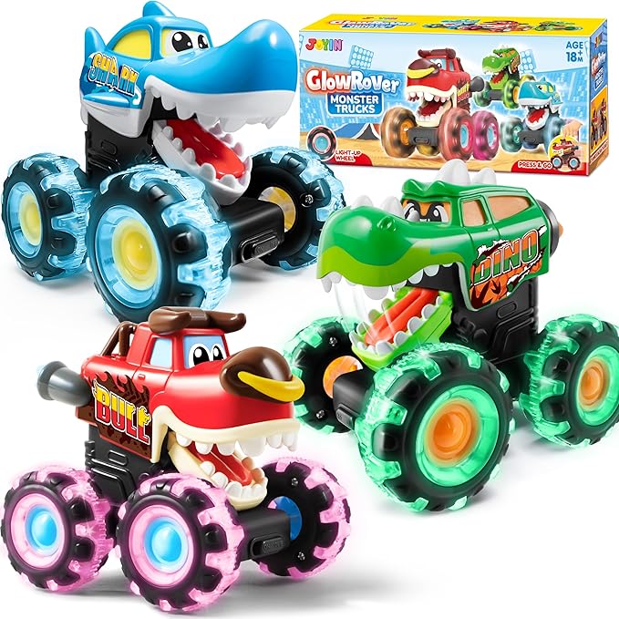 JOYIN 3 Pack Monster Truck Toy - Motion Activated Light-Up Cars for Toddlers - Monster Treads Lightning Wheels - Baby Toy Trucks - Press & Go Cars for Kids Boys Birthday Gifts for Christmas
