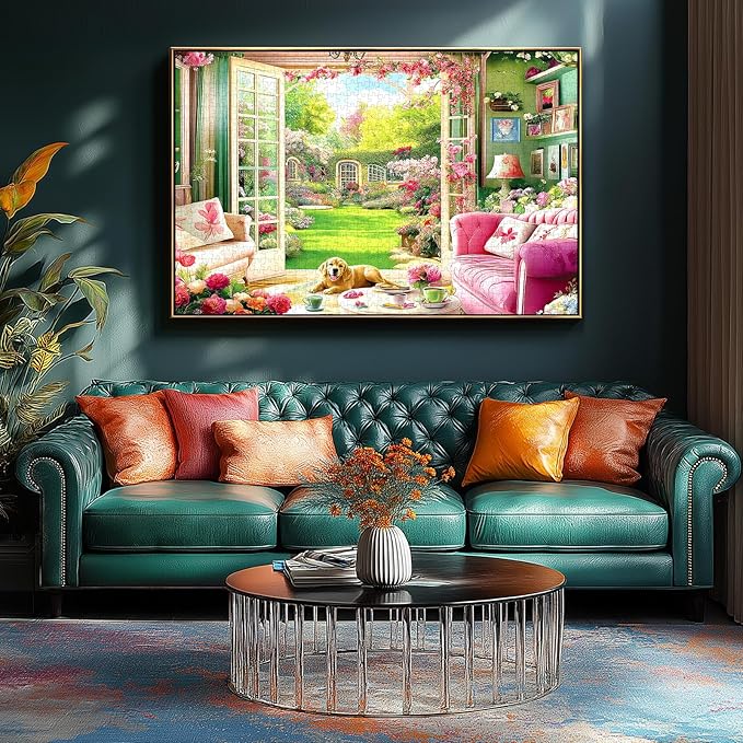 Blueforest 500 Piece Jigsaw Puzzle for Adults - Unique Shape Pieces | Cozy Indoor Garden Scene with Golden Retriever | Challenging & Fun Puzzle 23x15 Inches