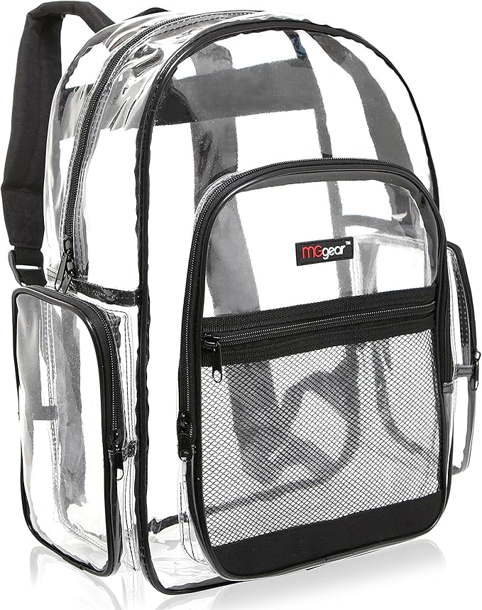 Wholesale Bulk Case 20-Pack Clear Backpack with Black Trim - 17 Inch Large Heavy Duty Transparent School Bags for Student Work Travel Stadium Security