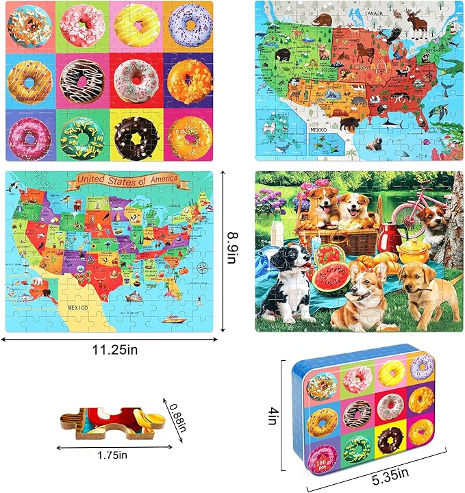 LELEMON Puzzles for Kids Ages 4-6,4-Pack 100 Piece Puzzles for Kids Ages 4-8 in a Metal Box,Donut National Parks Map USA Map Dogs Educational Jigsaw Puzzles Puzzle Games Puzzle Toys for Girls and Boys