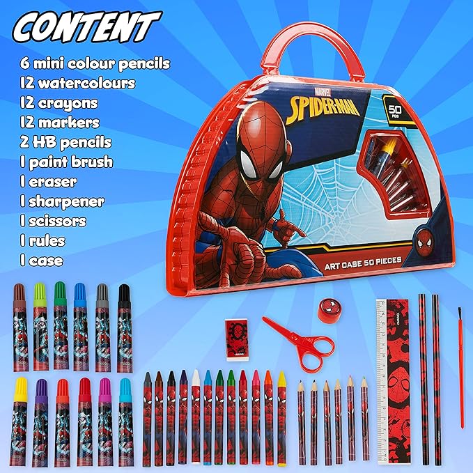 Marvel Kids Art Set for Boys Crafts Drawing and Painting Sets for Children Travel Case 40 Plus Pieces Watercolour Paints Crayons Colouring Pencils Art Supplies Spiderman Gifts
