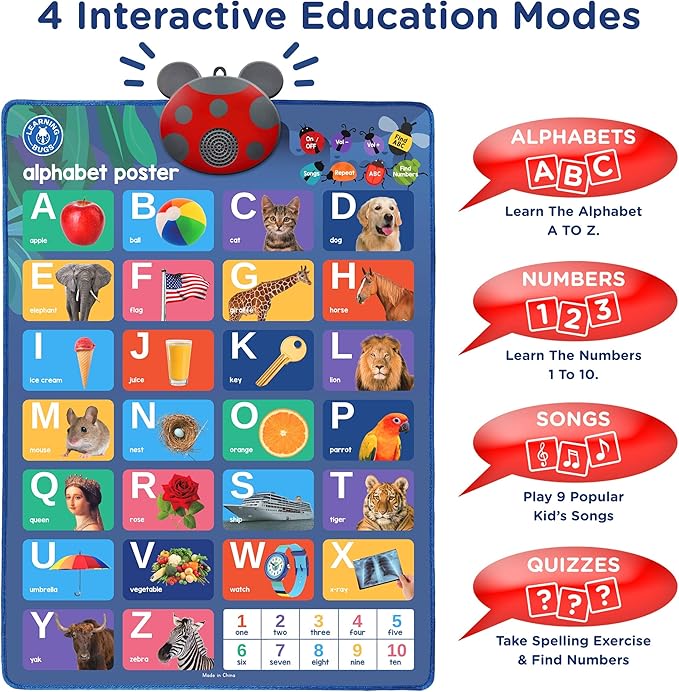 LEARNING BUGS Interactive ABC & 123s Talking Poster & Musical Wall Chart, Educational Toy for Toddlers