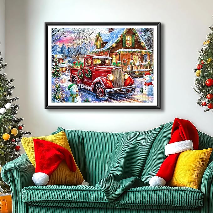 500 Piece Puzzles for Adults Christmas Winter Wonderland Village Cabin Scene with Vintage Truck Snowman & Cozy Cabin at Country Night Festive Jigsaw Puzzle Holiday Lights Festive Gifts for Family