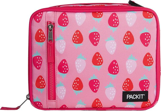 PackIt Freezable Classic Lunch Box, Sweet Strawberry, Built with ECOFREEZE Technology, Collapsible, Reusable, Zip Closure With Zip Front Pocket and Buckle Handle, Designed for Fresh Lunch On the Go