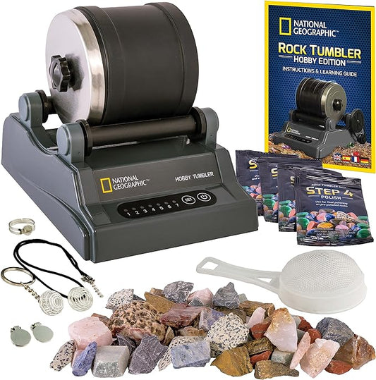 Blue Marble National Geographic Rock Tumbler Kit – Hobby Edition Includes Rough Gemstones, and 4 Polishing Grits, Great STEM Science Kit for Geology Enthusiasts, Rock Polisher for Kids and Adults