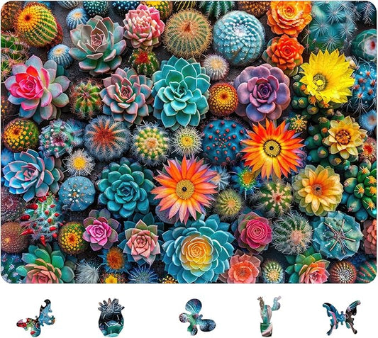 Puzzles for Adults Cactus World Wooden Puzzles, 500 Pieces Unique Shaped Succulent Jigsaw Puzzles, Birthday for Adults and Kids, Fun Challenge Family Game 18.3'' x 13.7''