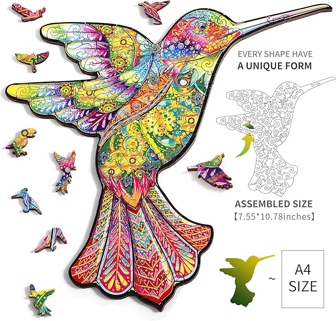 Hummingbird Wooden Puzzle for Adults, 108 PCS Animal Unique Shaped Wooden Jigsaw Puzzles - 7.55 x 10.78 Inches, Creative Gift for Teenagers and Adults