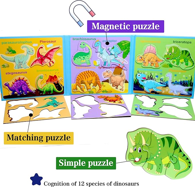 Magnetic Puzzles for Kids Ages 1-3, Travel Toddler Puzzles Ages 2-4 Year, Dinosaur Activities Toy for Boys & Girls 3-5 yo - Learning Magnet Gift for Road Trip