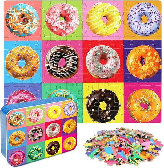 LELEMON Puzzles for Kids Ages 4-6,Donut 100 Piece Puzzles for Kids in a Metal Box, Educational Jigsaw Puzzles 100 Piece Puzzle Games Puzzle Toys for Girls and Boys