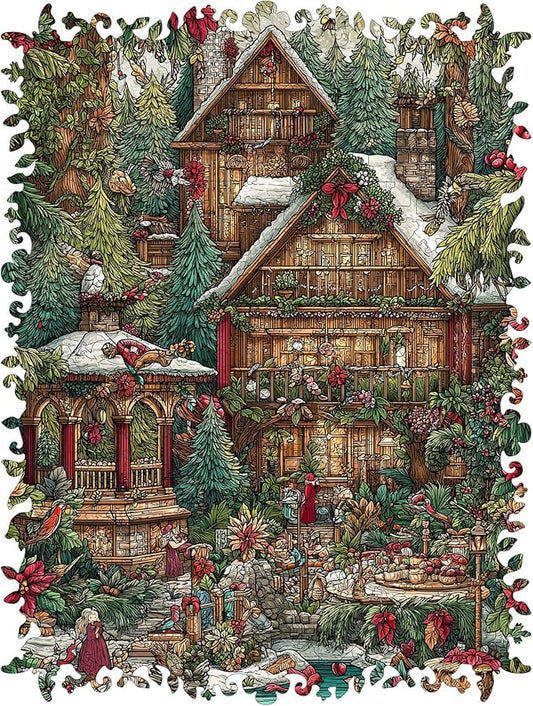 Christmas Forest House Wooden Jigsaw Puzzle for Adults - 485 Pcs, 12.8'' x 16.9'', Educational Wood Puzzle, Family Game, Brain Teaser Gift for Boys & Girls, Beautiful Packaging