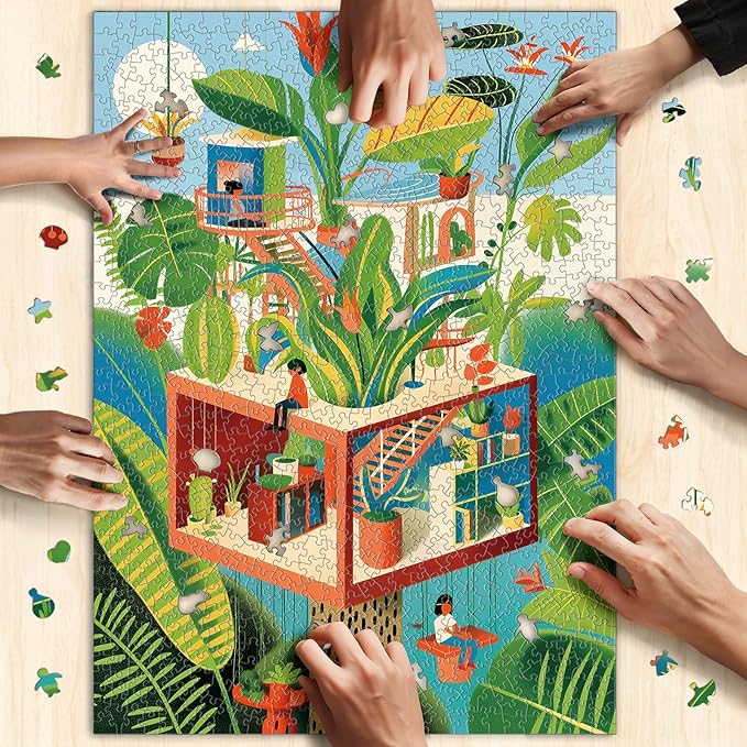 Shapes Jigsaw Green Tree House Puzzles for Adults 1000 Pieces, Unique Shaped Hard Puzzle with Color on Back, Plants Puzzle for Game Night Family Friend, 19.2 x 26.6 Modern Nordicism Art