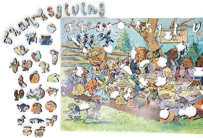 Wooden Jigsаw Puzzle for Adults - Uniquely Shaped Pieces - Made in The USA by FoxSmartBox - 373 Pieces - Thanksgiving Banquet