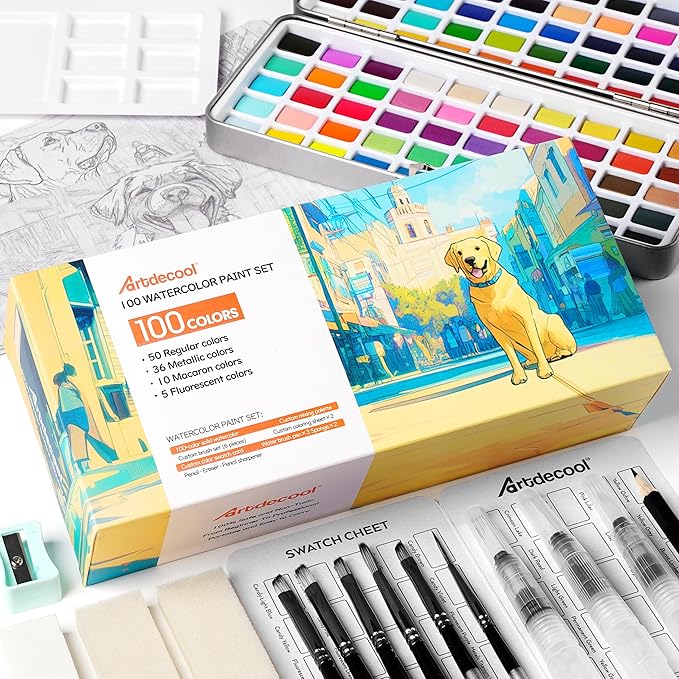 100 Colors Watercolor Paint Set, Vivid colors including Regular, Metallic, Macaron and Fluorescent, Portable with Carrying Case, 9 Water Brushes, Palette and Accessories, For Beginners and Professionals