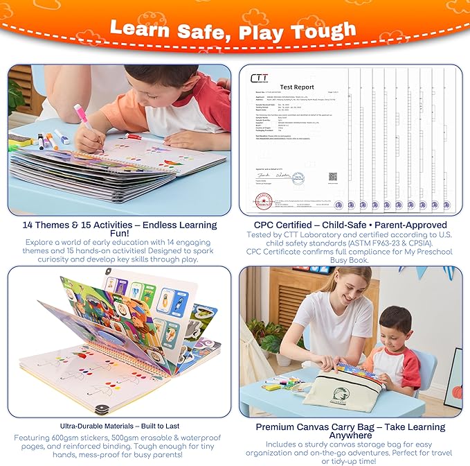 Montessori Busy Book for Toddlers 3–5 | Preschool Learning Activities | Educational Toddler Book with 14 Themes, 15 Drawing Pages & Guided Stickers | Fine Motor Skills Toy & Travel Activity