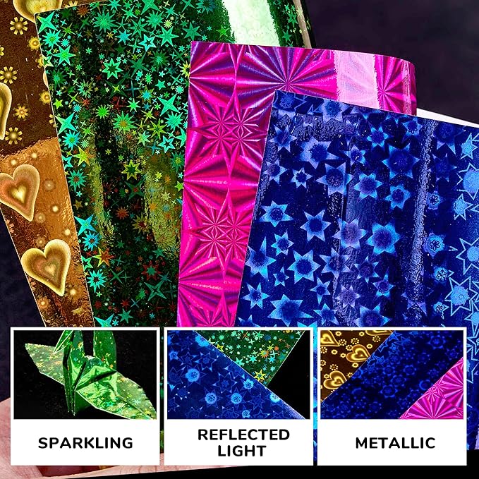 Iridescent Laser Origami Paper - 50 Sheets 6x6 Inch - holographic Double Sided Shimmer Paper for Eye-Catching Crafts, Ideal for Scrapbooking, Card Making and DIY Crafts