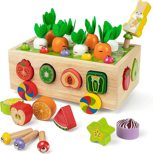 Coogam Montessori Fine Motor Toys for Baby Toddler, Wooden Shape Sorter Carrot Harvest Game for Easter Basket Stuffer, Preschool Learning Educational Gift Toy for 3 4 5 Year Old