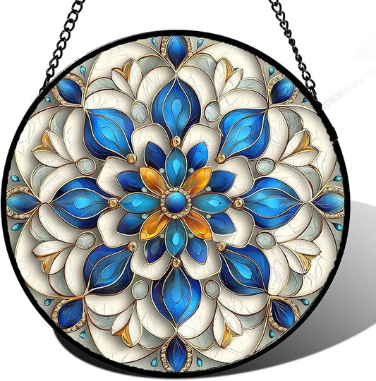 Stained Glass Window Hanging - Blue and White Abstract Flowers Suncatcher for Door Terrace Garden Home Decor, Gold Sun Catcher Birthday Gifts for Lovers Women Men Dad Mom Nana 11.8 in