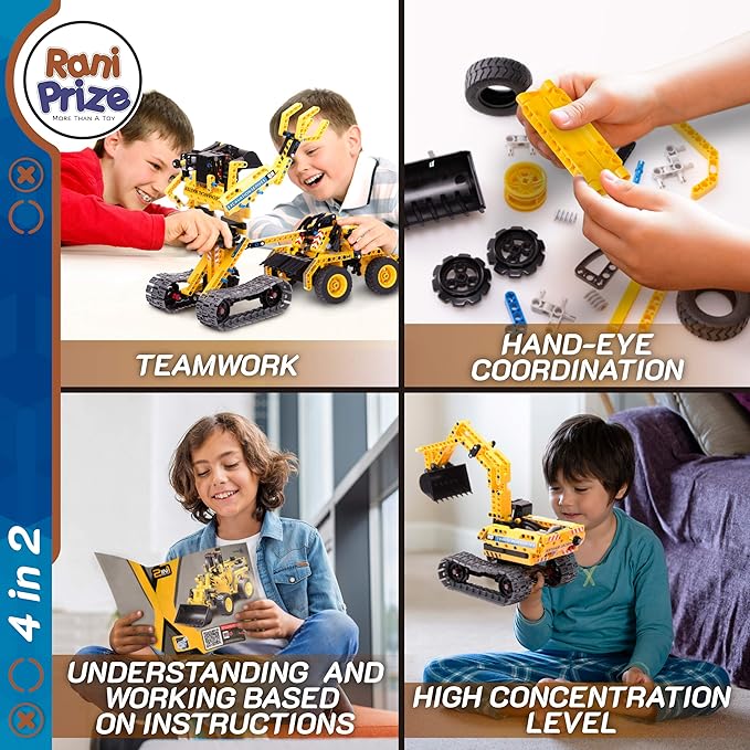 4-in-1 DIY Construction STEM Toy: 603-Piece Excavator Building & Robotics Kit, Educational Engineering Playset for Boys & Girls 8-12, Quality Family Time Popular Gift with Storage Box