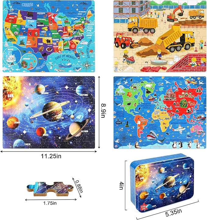 LELEMON 100 Pieces Puzzles for Kids Ages 4-8, 4 Set Kids Puzzle Ages 6-8,United States World Solar System Construction Site Children Learning Educational Puzzless Toys for Boys and Girls