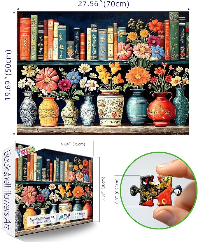 Vintage Floral Library 1000 Piece Jigsaw Puzzle for Adults Colorful Flowers in Ornate Vases Antique Books Challenging Puzzle Game for Christmas Holiday Family Night (27.6" x 19.7")