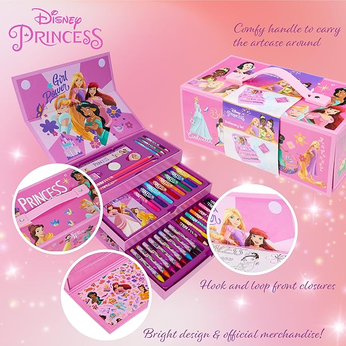 Disney Stitch Kids Colored Pencils Drawing Kit Art Set for Girls Boys Stationery with Notepad Crayons Markers Travel Case Gifts for Kids (Pink Princesses)
