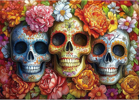 Halloween Sugar Skulls Floral 1000 Piece Jigsaw Puzzle for Adults Colorful Day of The Dead Challenging Mexican Folk Art Puzzle for Game Night Unique Gift for Puzzle Lovers (27x20 Inches)