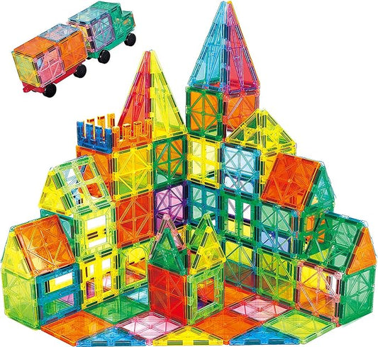 Magnetic Tiles 100PCS with 2 Cars, STEM Educational Building Blocks for Kids Ages 3-9, Magnet Construction Toys Gift for Toddlers