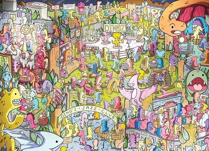Cross & Glory - Jurassic Jive: A Night of Dino Jazz - 1000 Piece Jigsaw Puzzle for Adults & Kids 12+ & Kids | Whimsical Prehistoric Jazz Club Theme with Colorful Dinosaurs