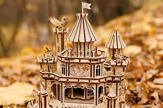 Wood Trick Dragon Castle Movable Wooden 3D Puzzles for Adults to Build - Red LED - Greensleeves Melody - Towers Rotating - Engineering DIY Project Mechanical Model Kits for Adults