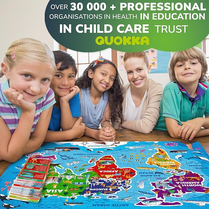 QUOKKA Puzzles for Kids Ages 4-6 - 150 Pcs Floor Puzzles World Map for Kids Ages 4-8 Preschool Activities - Includes 50 Cards with 400+ World Facts - Continent-Shaped Jigsaw Puzzle Gift for Girls Boys
