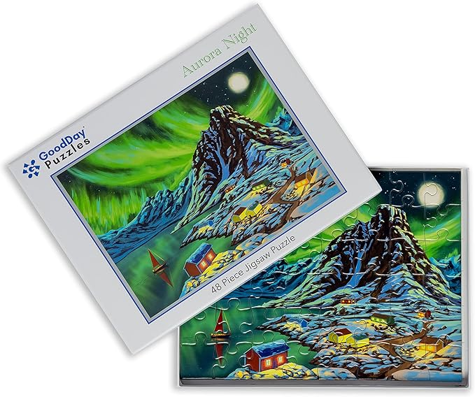 Large Piece Jigsaw Puzzle – Easy & Colorful, Dementia & Memory Activities for Seniors, Elderly Gifts, 48 Pieces, Aurora Night