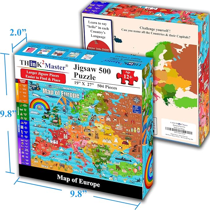 Think2Master Colorful Map of Europe 500 Pieces Jigsaw Puzzle for Kids 12+, Teens, Adults & Families. Great Gift for stimulating Interest in The European Map. Size: 26.8” X 18.9”