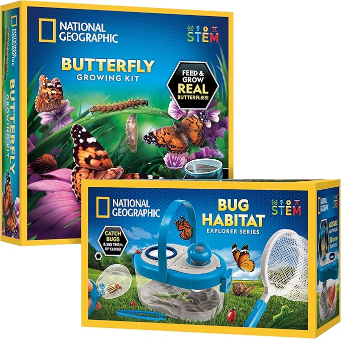 National Geographic Butterfly Growing & Bug Catcher Kit - Butterfly Habitat Kit with Voucher for 5 Caterpillars (S&H Not Included) & Bug Habitat with Magnified Viewers, Bug Catcher & More
