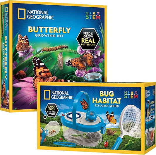 National Geographic Butterfly Growing & Bug Catcher Kit - Butterfly Habitat Kit with Voucher for 5 Caterpillars (S&H Not Included) & Bug Habitat with Magnified Viewers, Bug Catcher & More
